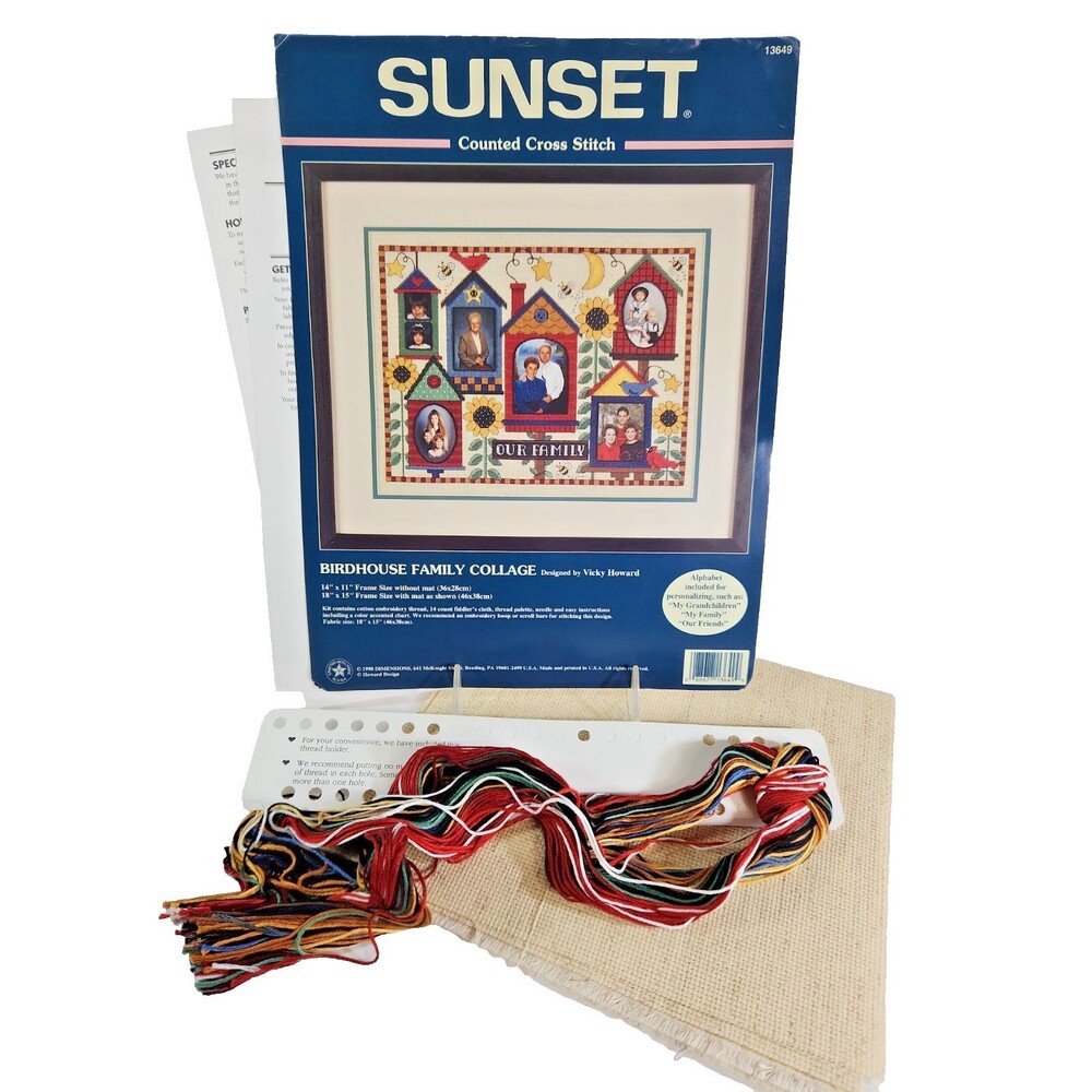 Sunset Birdhouse Family Collage Cross Stitch Kit 13649 Photo Frames 11 x 14  VTG